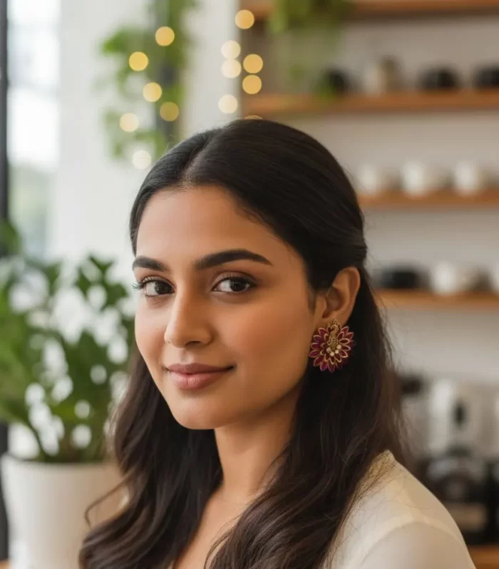 A pair of peacock-design stud earrings with blue and green stones.