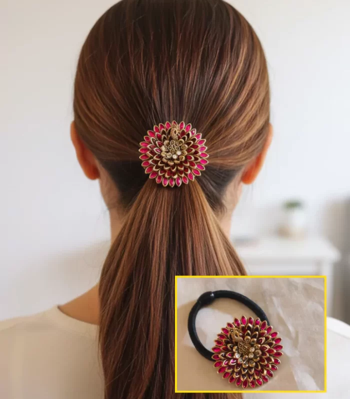 Elegant Floral Hair Tie with Ruby & Gold-Toned Kundan Stones
