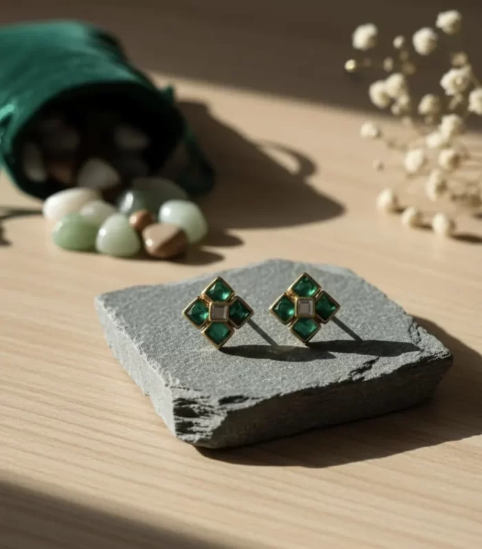 Emerald Clover Geometric Stud Earrings: Office Elegant & Kids Safe