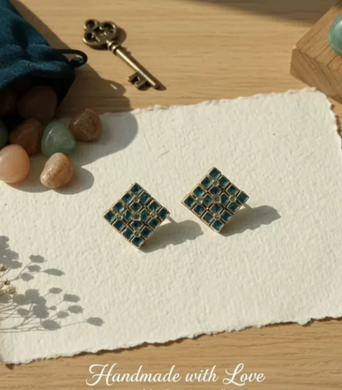 Teal Tesselation" Diamond-Shape Enamel Stud Earrings: Office & Kids Friendly