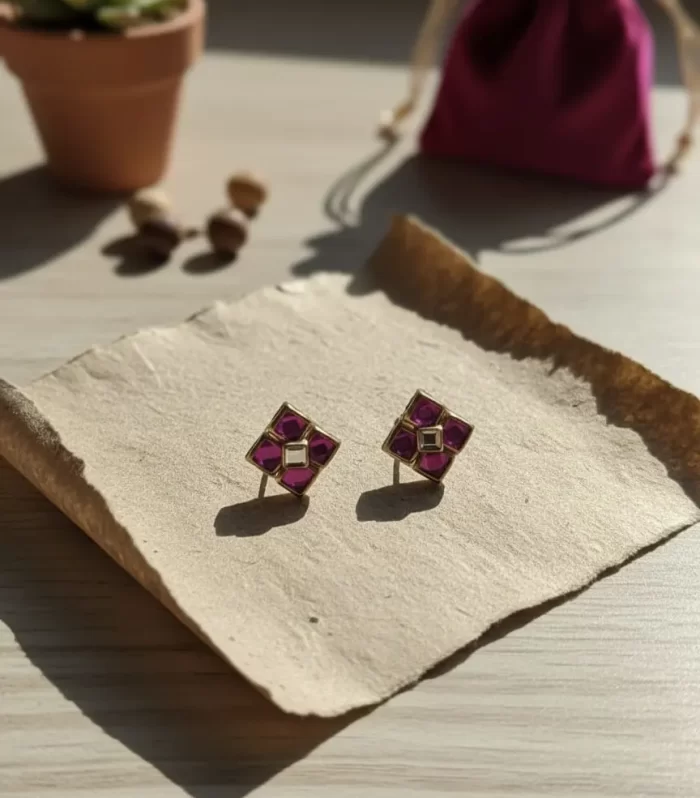 Magenta Clover" Geometric Stud Earrings: Office Elegant & Kids Safe