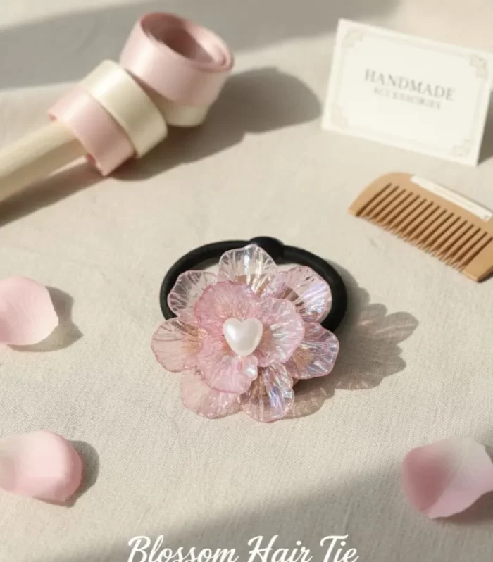 Iridescent Petal Bloom" Flower Hair Tie with Pearl Center